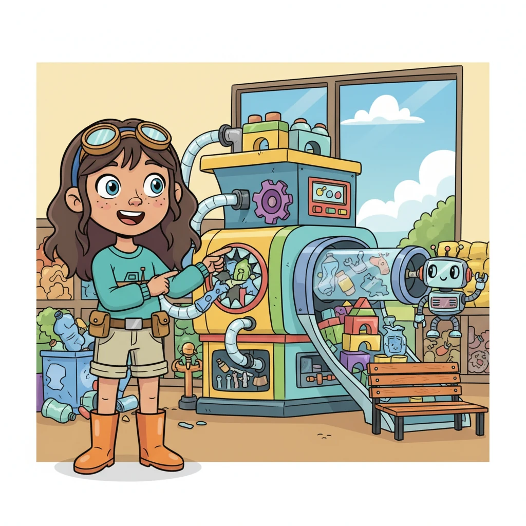 The recycling station's mighty machines whirred and clanked, munching on the plastic Captain Aqua delivered. Out came colorful new building blocks, sturdy park benches, and even parts for new robot friends! It was like magic, turning trash into treasure for everyone to enjoy.