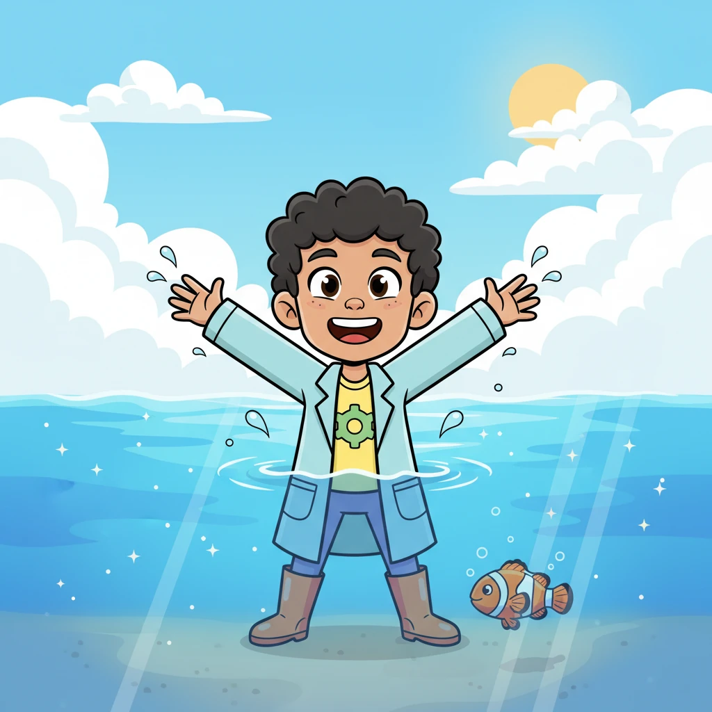 With his mission complete, Captain Aqua returned to the now sparkling blue ocean, his smile wider than ever. The water shimmered, clean and inviting, reflecting the bright sky like a giant mirror. The little clownfish from before darted joyfully through the clear water, its colors vibrant once more.