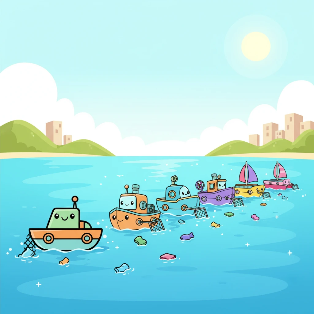 Soon, Captain Aqua wasn't alone! A whole fleet of his cheerful robot boat friends, each with their own unique color and personality, joined him in patrolling the waters. Together, they formed a dazzling line, working in harmony to collect any stray plastic and keep the marine world safe.