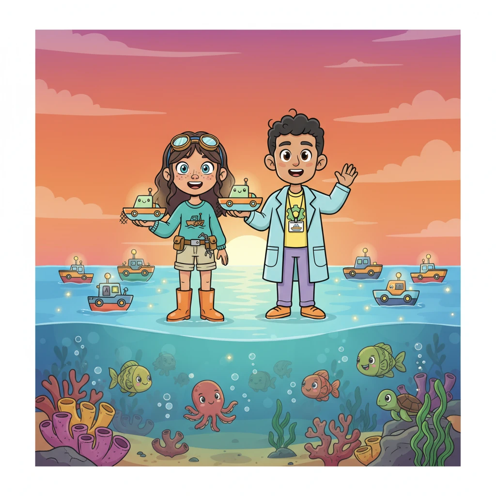 Under a sky painted with a beautiful sunset, Captain Aqua and his friends gathered, their lights twinkling like stars on the calm water. They had kept the ocean clean and happy, a wonderful home for all sea creatures. It was a joyful reminder that working together, we can all help protect our amazing planet.