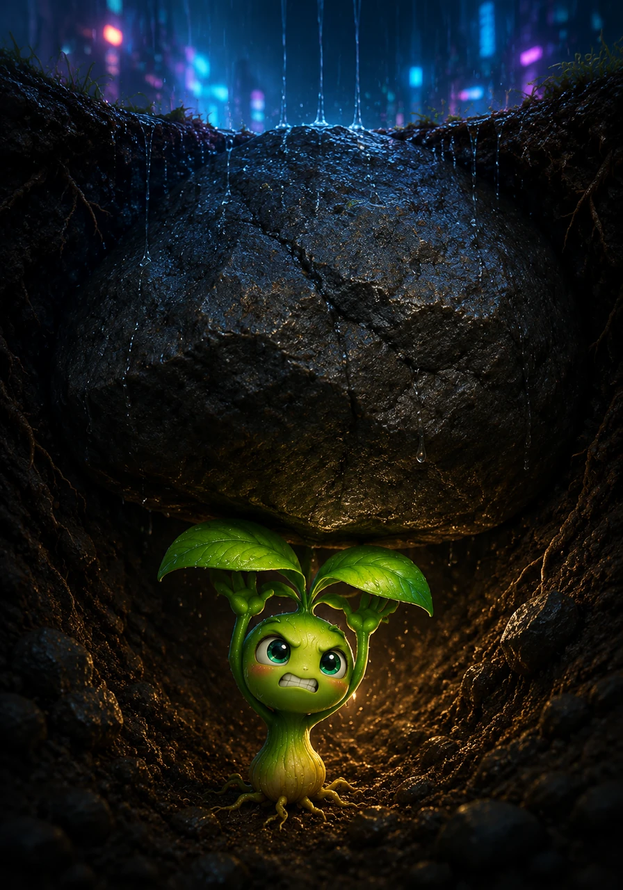 When the gentle spring rain began to fall, soaking the earth with life, Sunny gathered all his might and began to push upward. Suddenly, his fragile green shoot bumped into a heavy, dark rock that completely blocked his path to the surface.