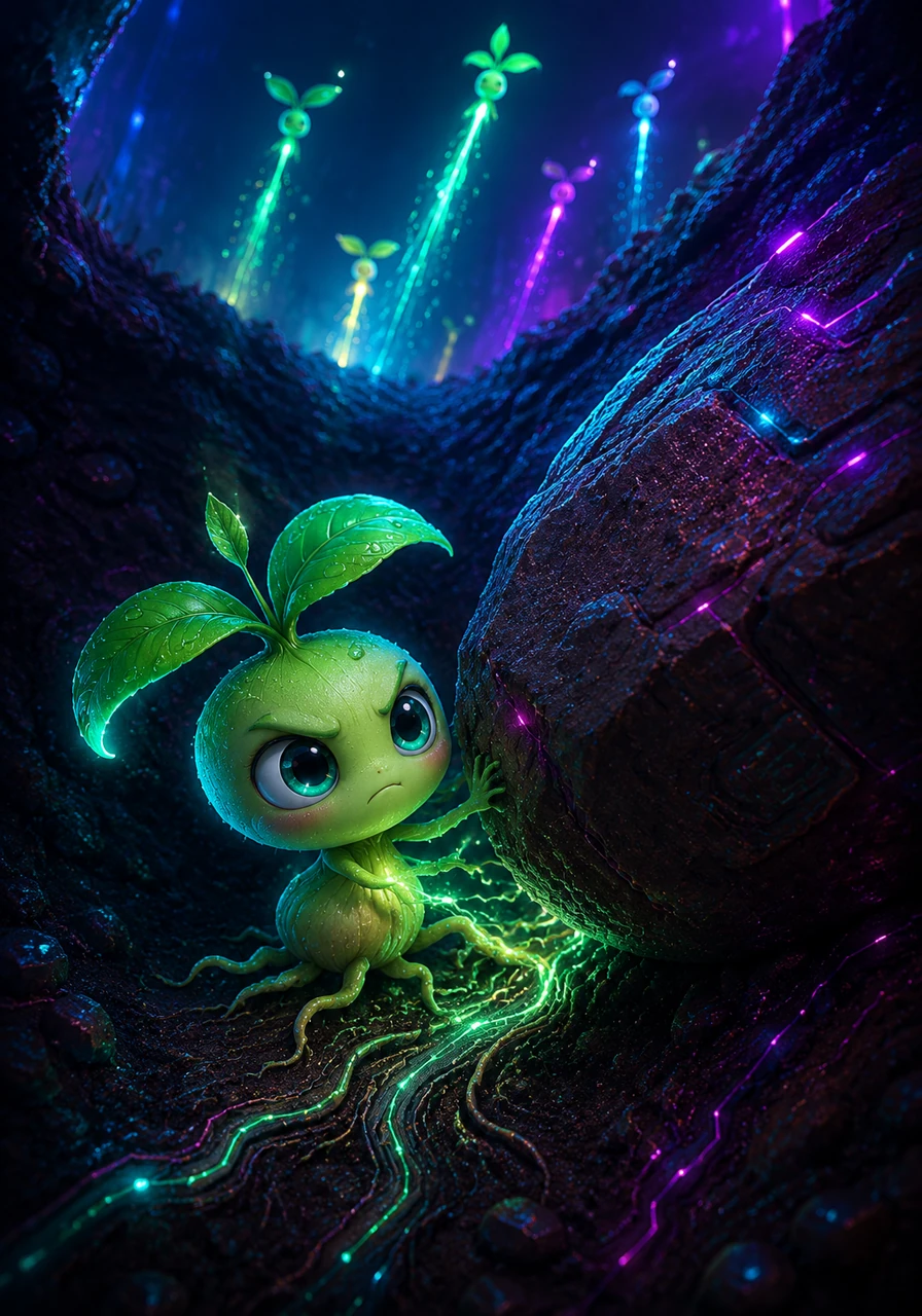 As the other seeds sprouted quickly and moved ahead, Sunny felt stuck and discouraged in the dark earth. Remembering Farmer Ben's wise words that success comes from never stopping, he took a deep breath, wiggled his tiny root, and carefully found a way around the giant stone.