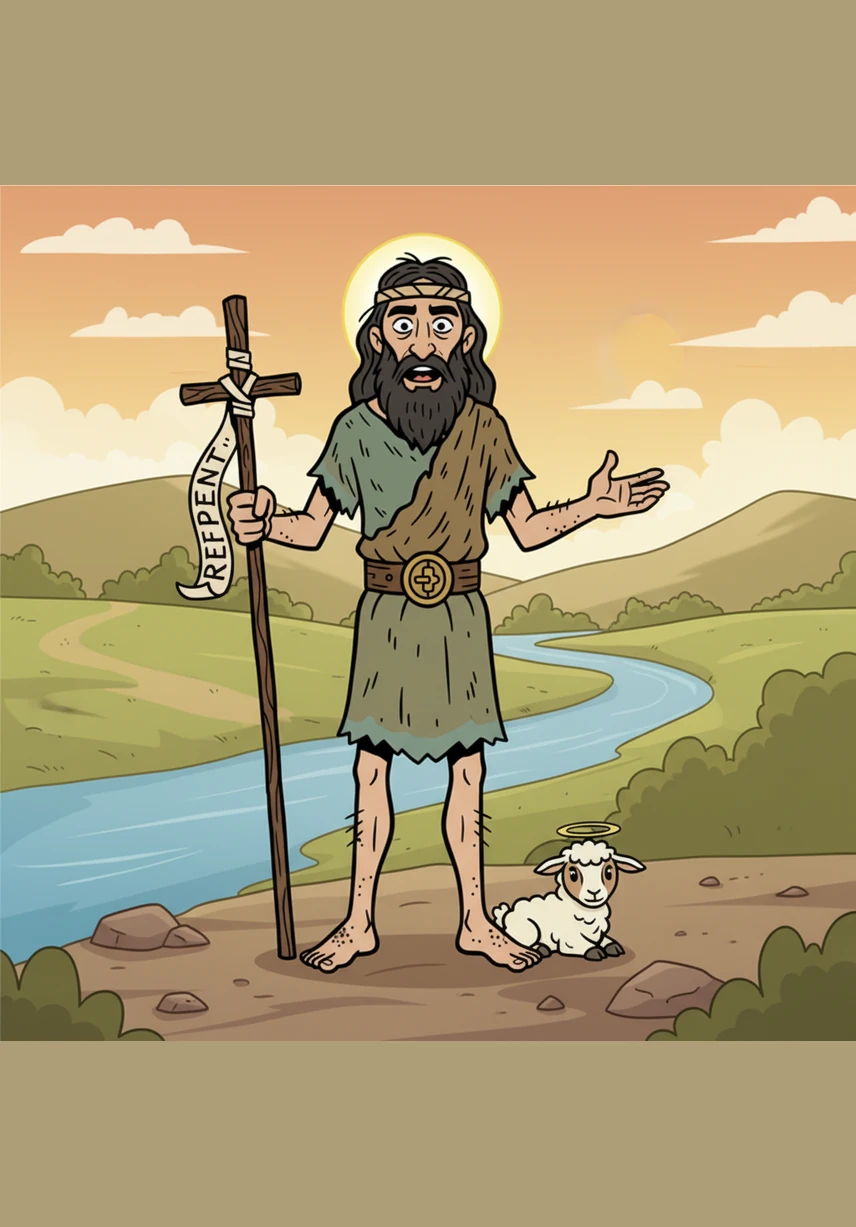 Far away in the wild, rugged wilderness, a man named John the Baptist lived a simple life wearing clothes made of camel hair. He stood by the wide, flowing Jordan River, calling out to everyone who passed by.