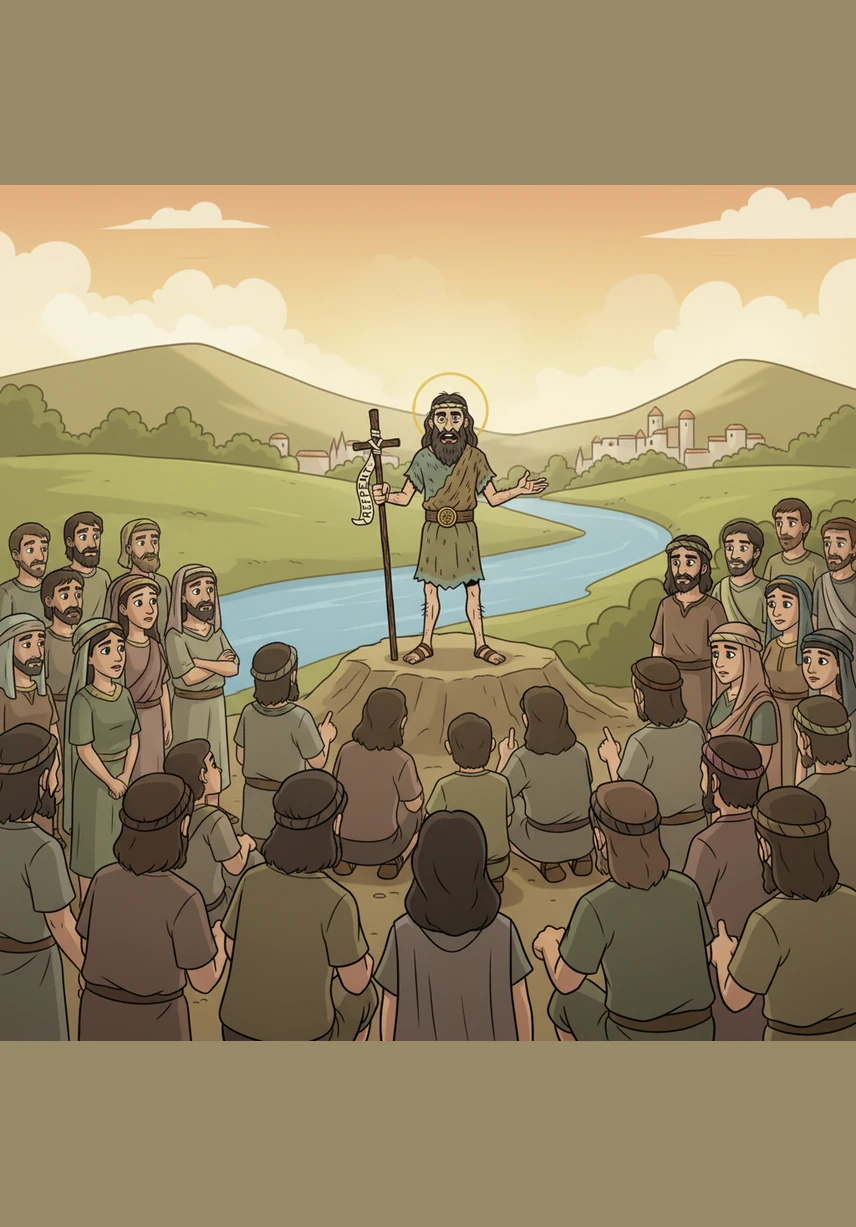 People traveled from many miles away to hear John speak with passion about turning their hearts back to God. A large crowd gathered along the dusty banks, listening intently to his message of hope and preparation.