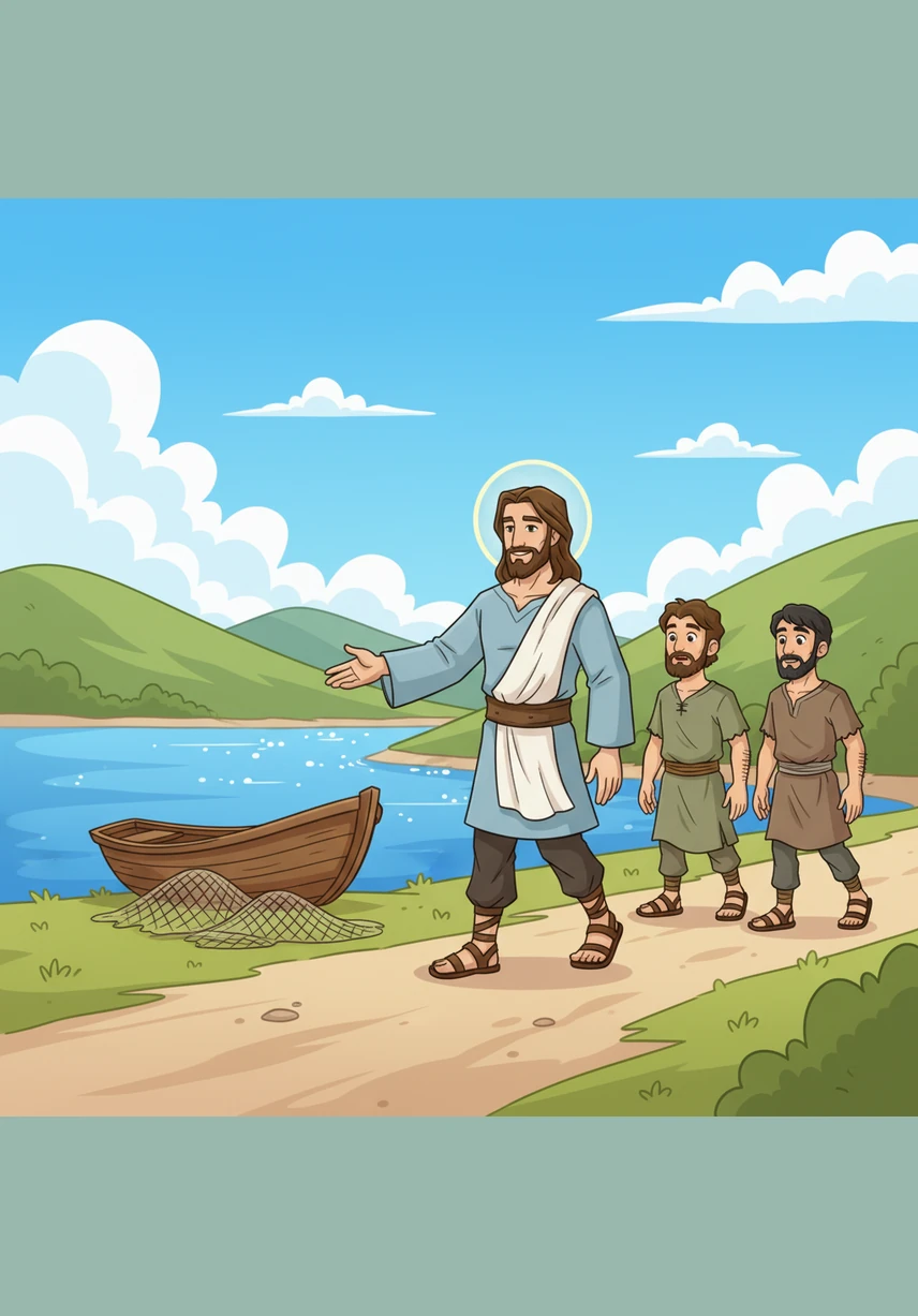 On a bright and sunny afternoon, Jesus walked calmly toward the riverbank where John was working. His presence was quiet yet powerful, and the sunlight danced on the surface of the water as he approached.