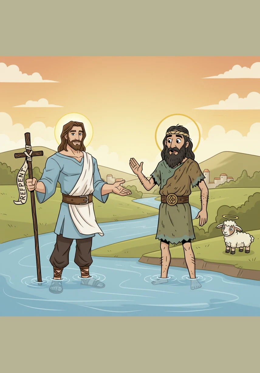 Jesus stepped into the river and asked John to baptize him, but John shook his head in humble surprise. Jesus gave him a gentle, reassuring smile and explained that this was the right way to begin his work.