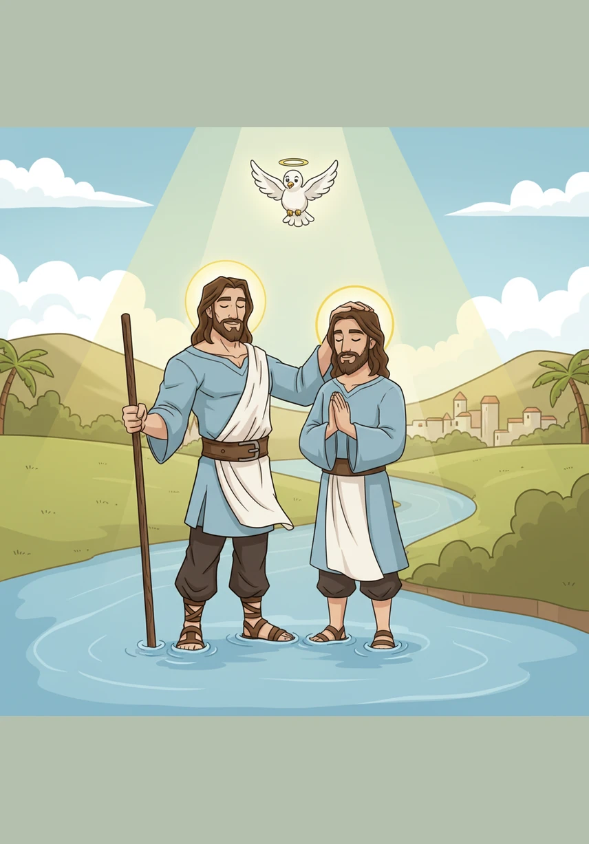 John and Jesus waded deeper into the flowing current while the surrounding crowd watched in total silence. John carefully lowered Jesus into the refreshing water, marking a moment that would change the world forever.