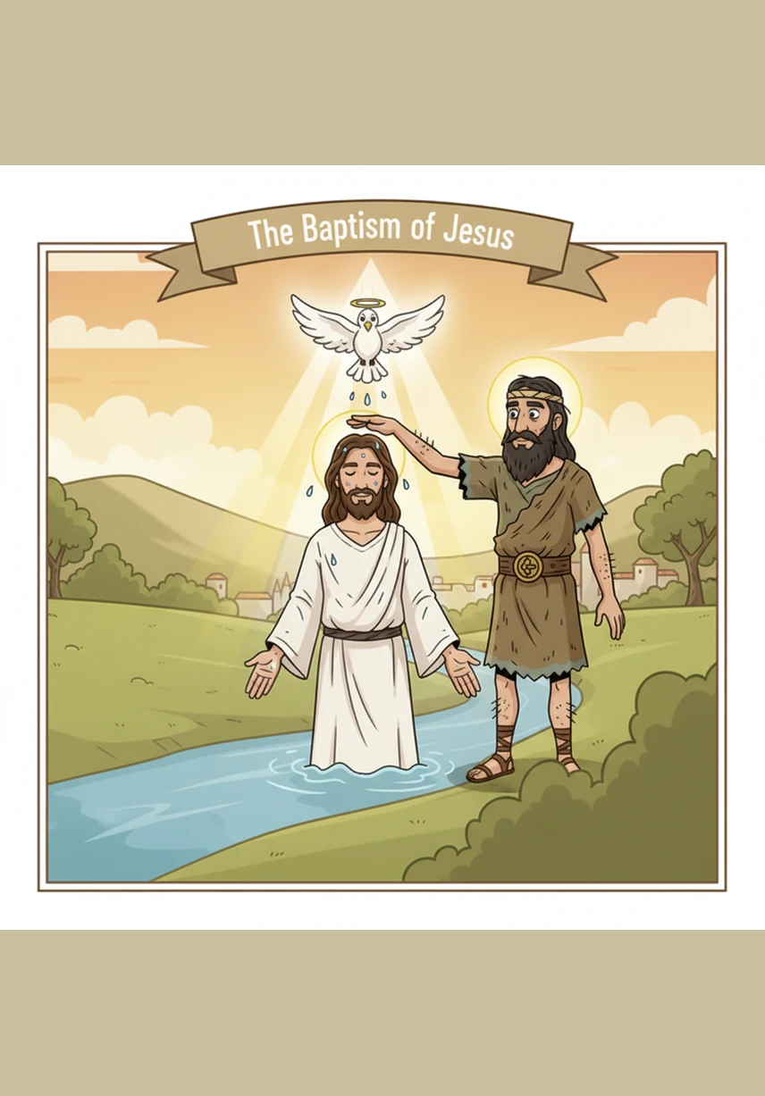 As Jesus rose from the river, the clouds above parted and a brilliant, peaceful light began to shine down from the heavens. A gentle white dove descended through the air and rested softly upon Jesus.
