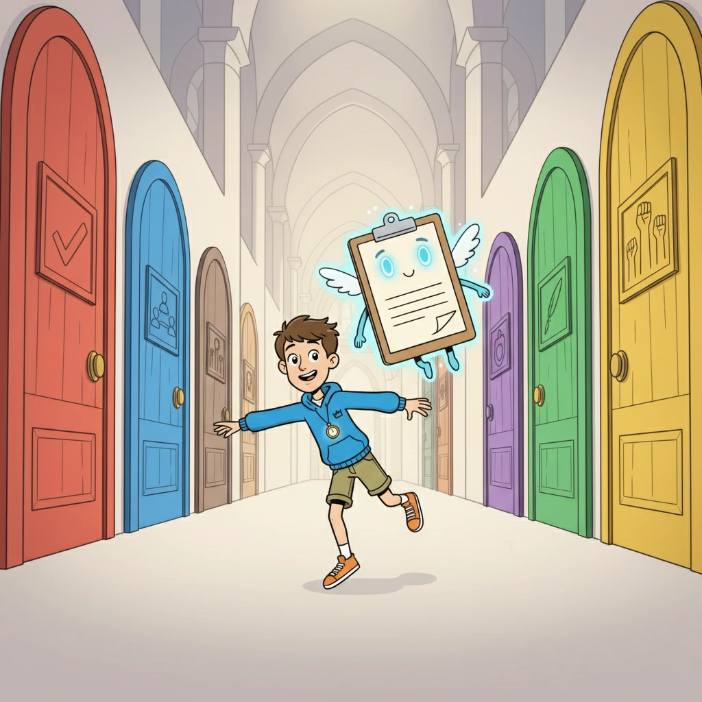 Jay is pulled into a vast hall filled with doors, each labeled with different ways to participate: Voting, Joining Parties, Petitions, Protests. A floating clipboard, Clip, appears.