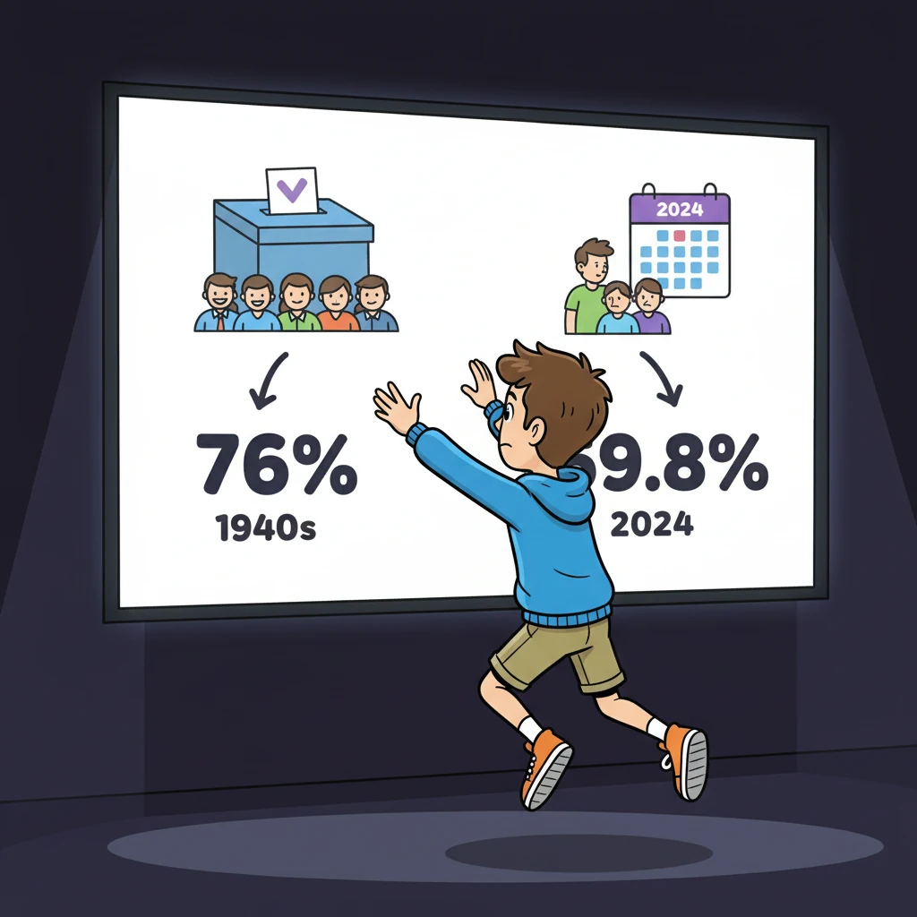 Jay is transported to a movie screen showing voter turnout numbers. Clip explains that turnout after World War II was around 76%, but in 2024, it was only 59.8%.