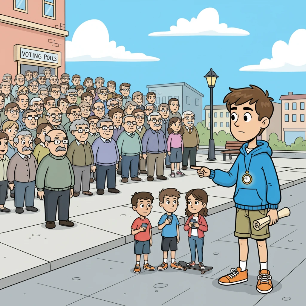 Two crowds appear: a huge group of older voters and a tiny group of teenagers. Clip explains that older people vote more.
