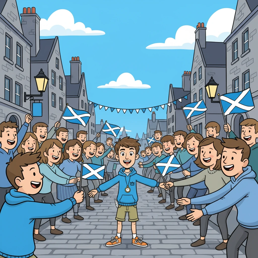 Jay is suddenly in Scotland in 2014, surrounded by crowds and flags, celebrating the Scottish Independence Referendum with 84.6% turnout.