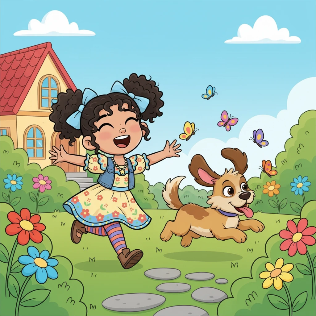 Estrella, una niña con ojos chispeantes y su juguetón perro Coffee, pasaban sus días entre risas y aventuras. Coffee, un perro de pelaje marrón y orejas caídas, siempre estaba listo para una nueva travesura. Juntos, exploraban el jardín, con Coffee persiguiendo mariposas y Estrella riendo a carcajadas. Su casa era un lugar lleno de alegría y juegos.