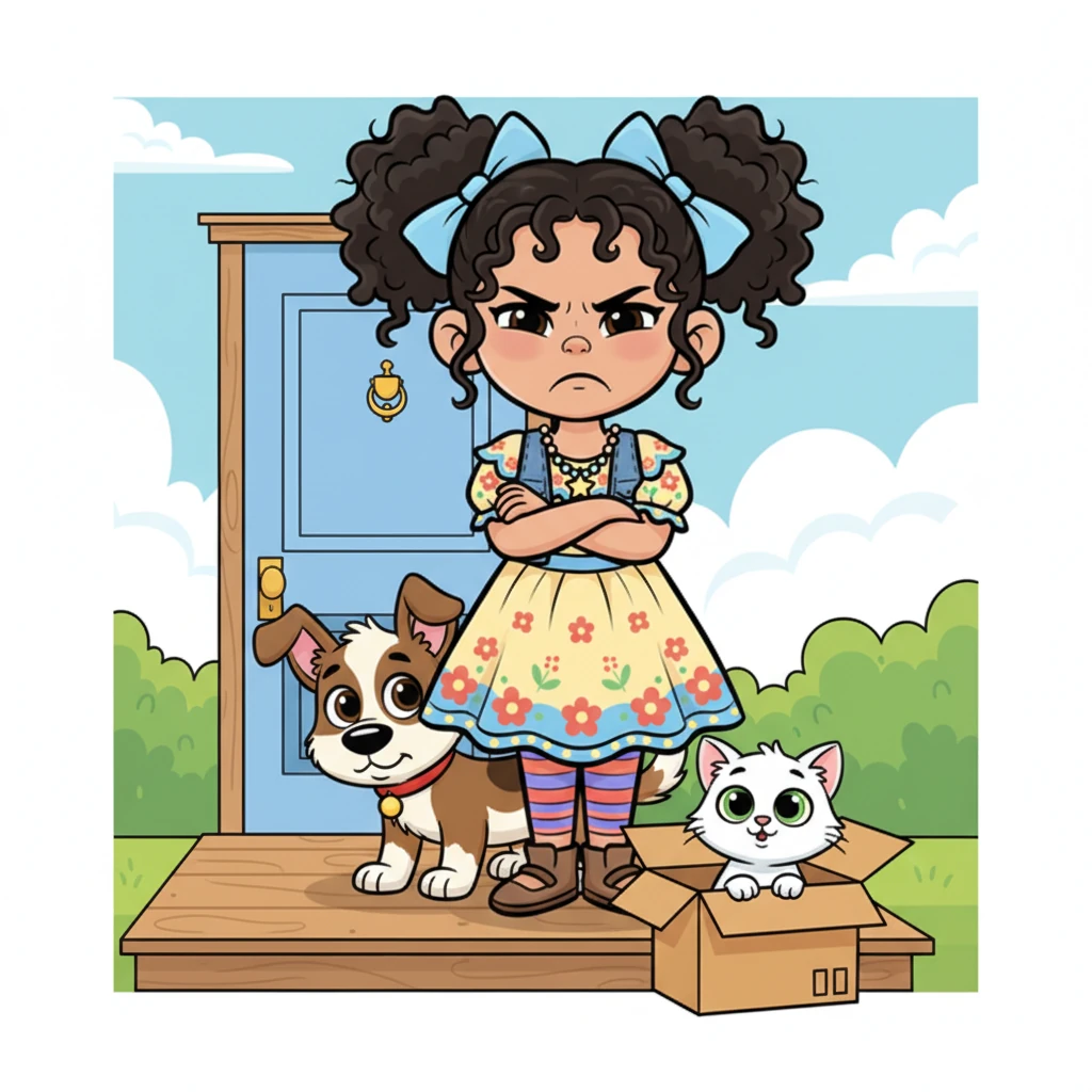 Un día, un paquete inesperado llegó a su puerta, revelando un pequeño gatito de ojos grandes y asustados. El gatito, de pelaje blanco como la nieve, maulló suavemente, buscando cariño. Estrella, sin embargo, frunció el ceño; los gatos no eran sus animales favoritos. Coffee observaba con curiosidad, moviendo su cola.