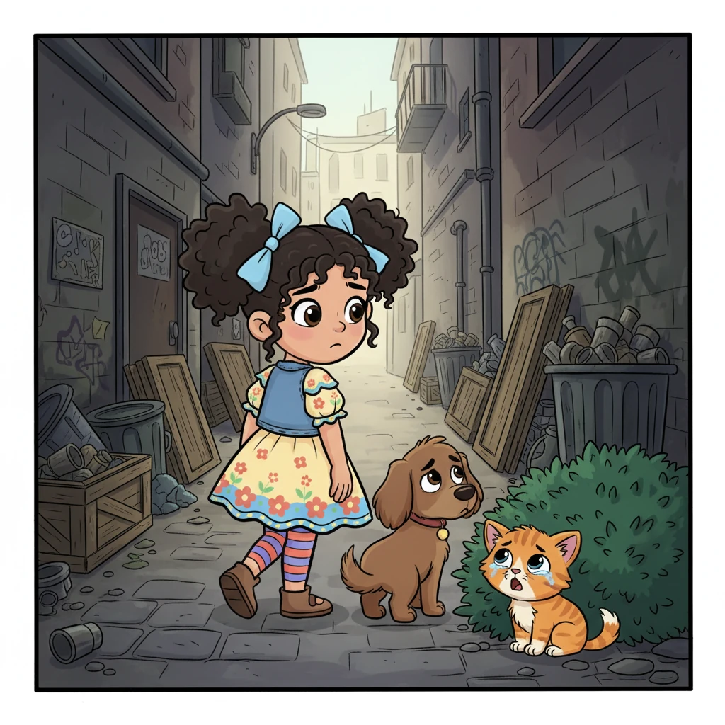 Con una decisión apresurada y el corazón un poco encogido, Estrella llevó al gatito a un callejón solitario. Lo dejó junto a unos arbustos, esperando que encontrara su propio camino. El pequeño felino maulló tristemente mientras Estrella se alejaba, sin mirar atrás. Coffee, que la había seguido, miró al gatito con ojos llenos de pena.