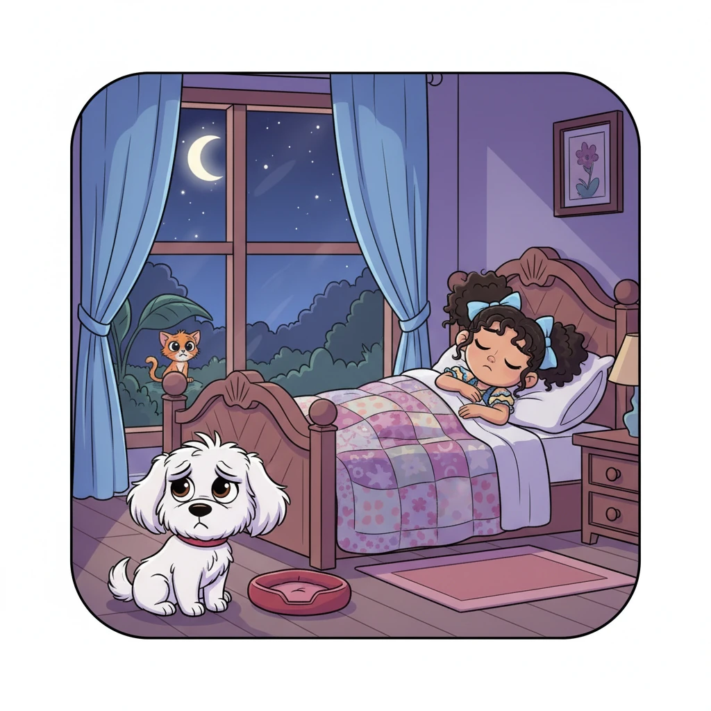 Esa noche, Coffee no podía conciliar el sueño. Pensaba en el pequeño gatito solo en la oscuridad y se sentía muy triste. Miró a Estrella, quien parecía ajena a la pena de su amigo. Coffee suspiró, su corazón canino preocupado por el nuevo amigo que había sido abandonado.