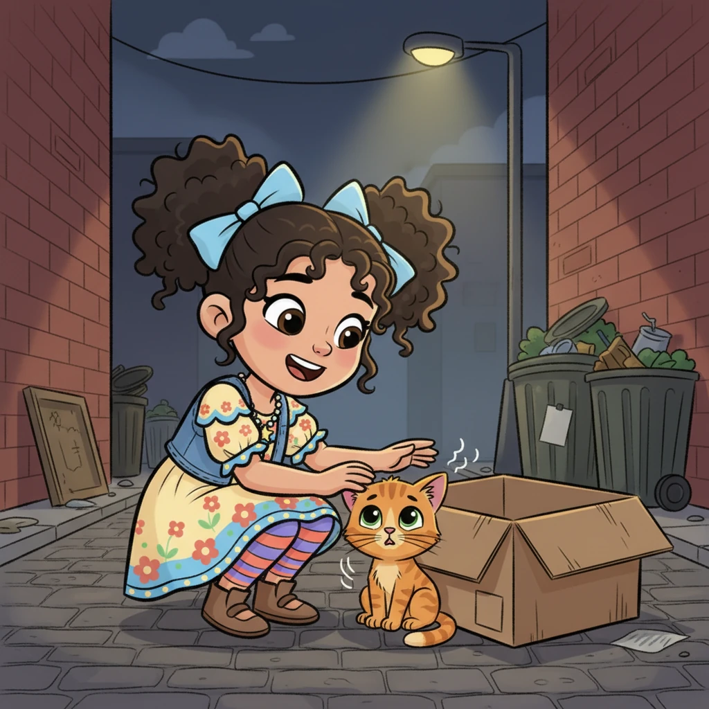 Decidido a ayudar, Coffee se escapó de casa y siguió su olfato hasta el callejón. Allí encontró al gatito, temblando de frío y hambre, escondido bajo una caja. Coffee se acercó con cautela, lamiéndole la cabeza suavemente. El gatito, asustado al principio, comenzó a ronronear débilmente.