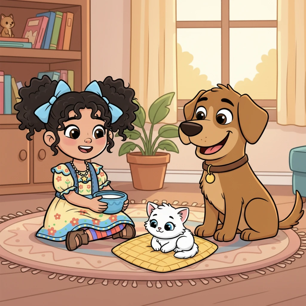 De vuelta en casa, Estrella le dio un tazón de leche al gatito, a quien decidió llamar "Pelusa". Pelusa, acurrucada en una manta suave, ronroneaba feliz mientras Coffee la observaba con una sonrisa perruna. La casa, antes solo de dos, ahora vibraba con la energía de tres amigos.