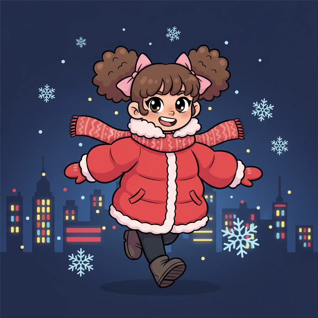 Pip, wrapped snugly in her fluffy, bright red coat, stepped out into the crisp winter air. Snowflakes danced around her as a confident, sparkling grin spread across her face, ready for a nighttime escapade. The city lights twinkled like scattered jewels against the deep blue sky.