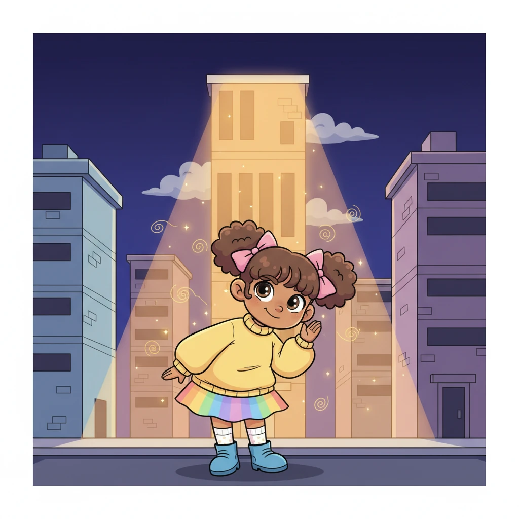 Suddenly, a soft, warm orange glow shimmered from behind a tall building. Pip's eyes widened with curiosity, and a mischievous spark danced in them. It wasn't a streetlight, and it wasn't the moon; it was something entirely new and exciting.