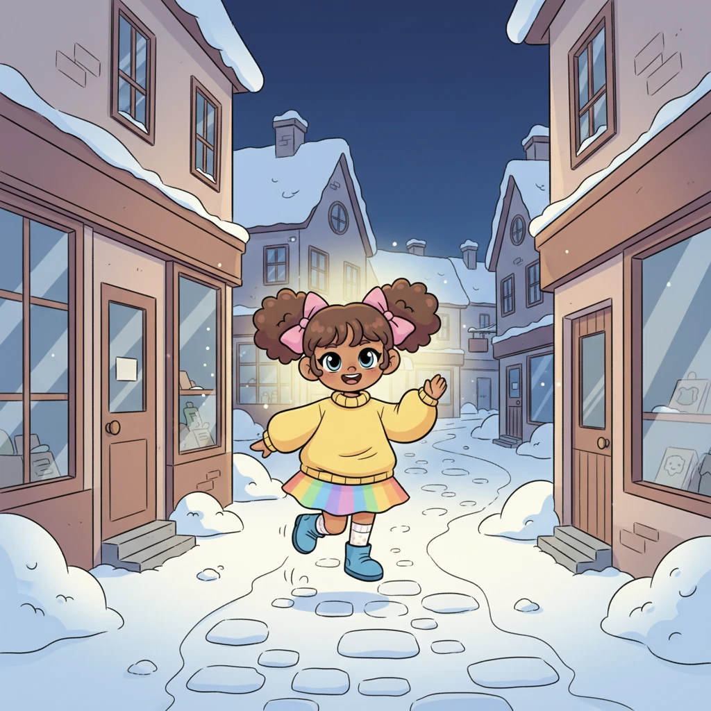 With a skip and a hop, Pip followed the mysterious light down a winding, snow-covered alley. She passed sleepy shop windows and playful snowdrifts, her long dark pigtails bouncing with every joyful step. The glow grew brighter with each stride.
