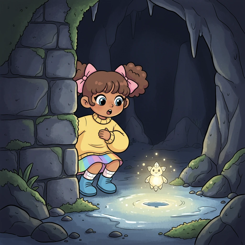 She peeked around a corner and gasped! The light came from a tiny, glowing creature, no bigger than her thumb, fluttering gently above a patch of glistening ice. It looked like a firefly made of pure starlight.