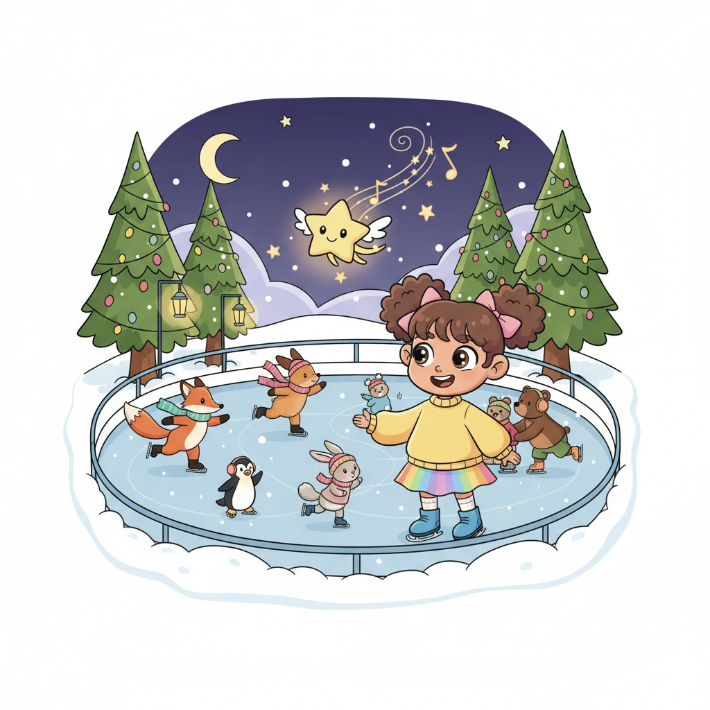 The little creature, which Pip instantly named "Flicker," seemed to beckon her with its warm light. Flicker zipped and twirled, leading Pip to a hidden, bustling ice rink where whimsical animals were gracefully skating. A joyful melody filled the air.