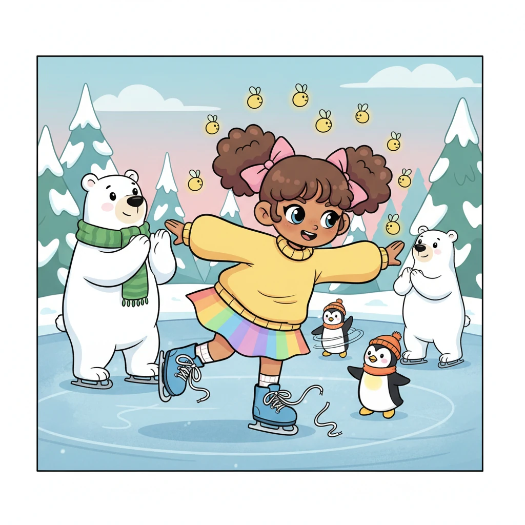 Pip, with Flicker dancing around her head, bravely laced up some borrowed skates. She wobbled at first, but with a determined giggle, she soon found her balance, gliding and spinning alongside the cheerful polar bears and playful penguins.