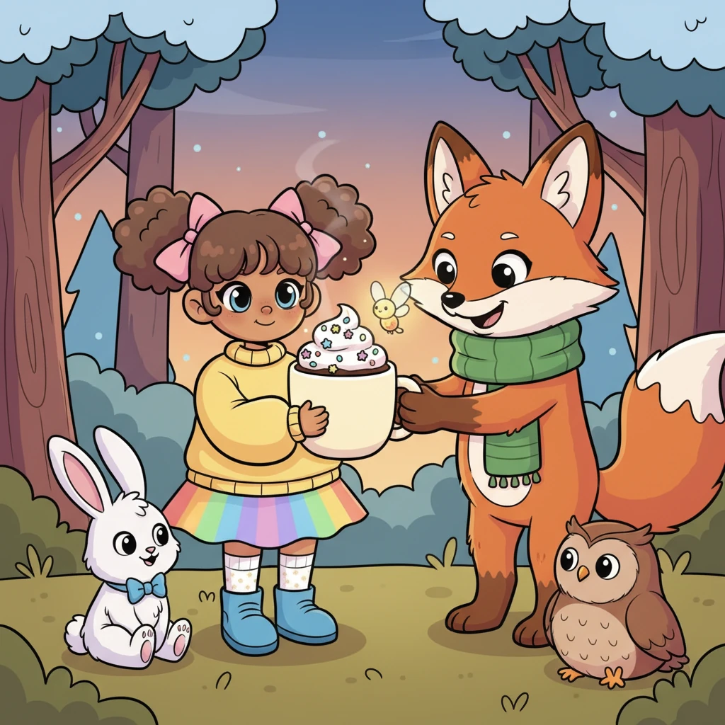 A friendly fox offered Pip a steaming cup of hot cocoa, topped with a mountain of whipped cream and tiny candy stars. She sipped it slowly, feeling warm and happy, sharing smiles with her new animal friends. Flicker perched on the rim of her cup, glowing softly.