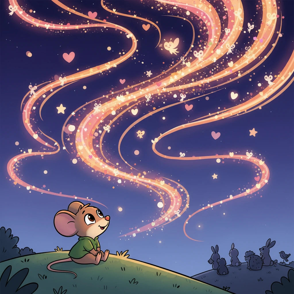 As the night deepened, the animals gathered for a spectacular light show. Flicker joined hundreds of other tiny glow-creatures, painting the sky with swirling patterns of orange, pink, and gold. Pip watched, mesmerized by the magical spectacle.