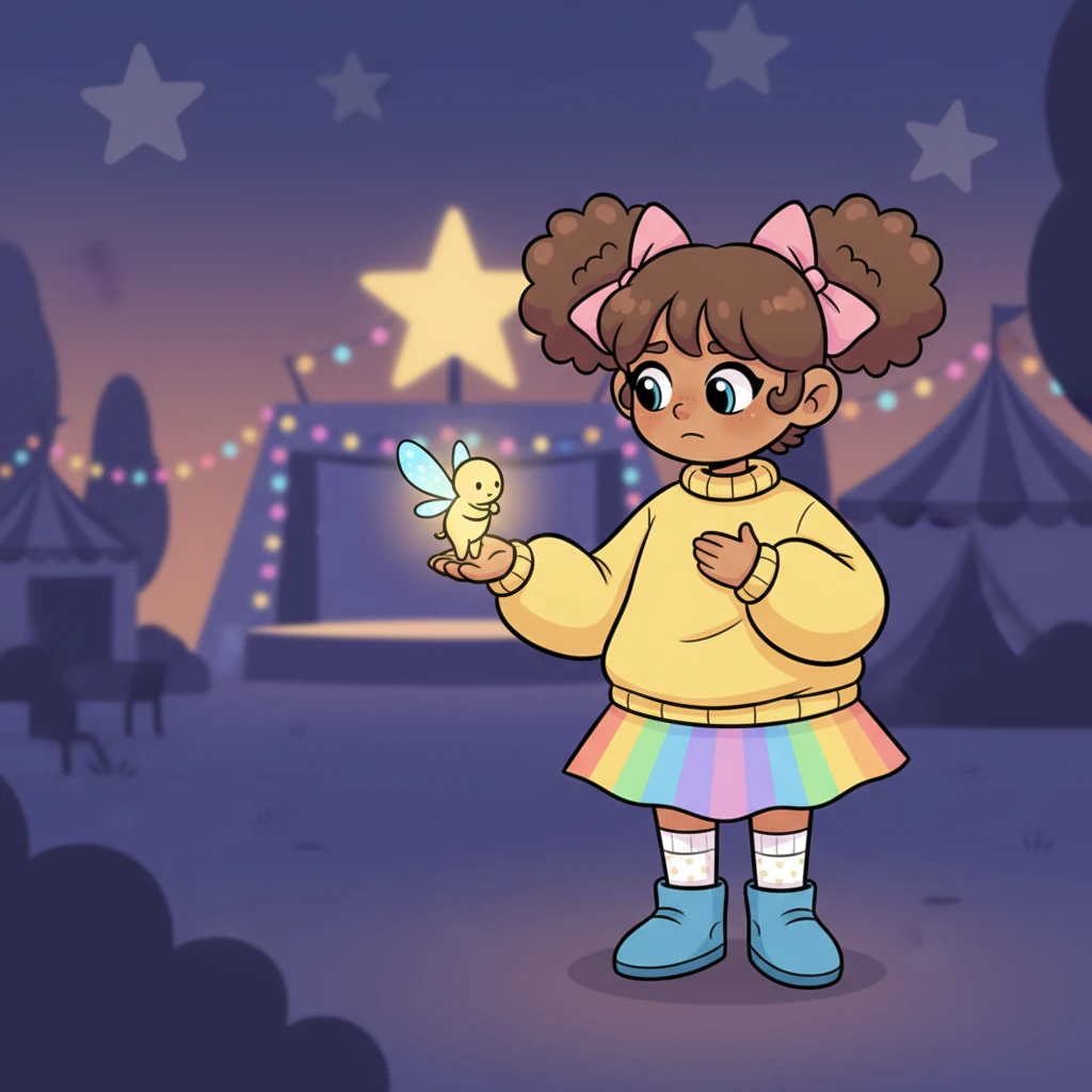 When the show ended, Flicker gently landed on Pip's outstretched hand, giving her a tiny, warm hug. Pip knew it was time to go home, but she carried the warmth of her new friendship and the magic of the night in her heart.