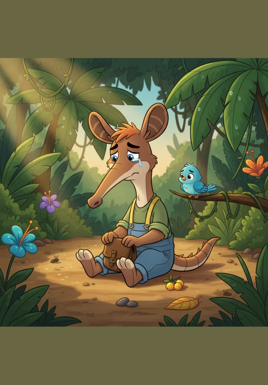 Determined to be noticed, Spike tries to climb a nearby branch to swing like the monkeys, but his heavy body causes him to slip and tumble into the soft dirt. He sits up with a dusty nose, feeling discouraged and certain that he will never be as special as the other animals.
