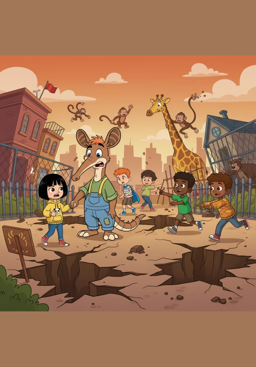 Suddenly, the ground beneath the zoo begins to tremble and deep cracks spread across the paths near the busy exhibits. The lions pace nervously and the monkeys huddle together in fear as the earth starts to sink in a very strange and scary way.