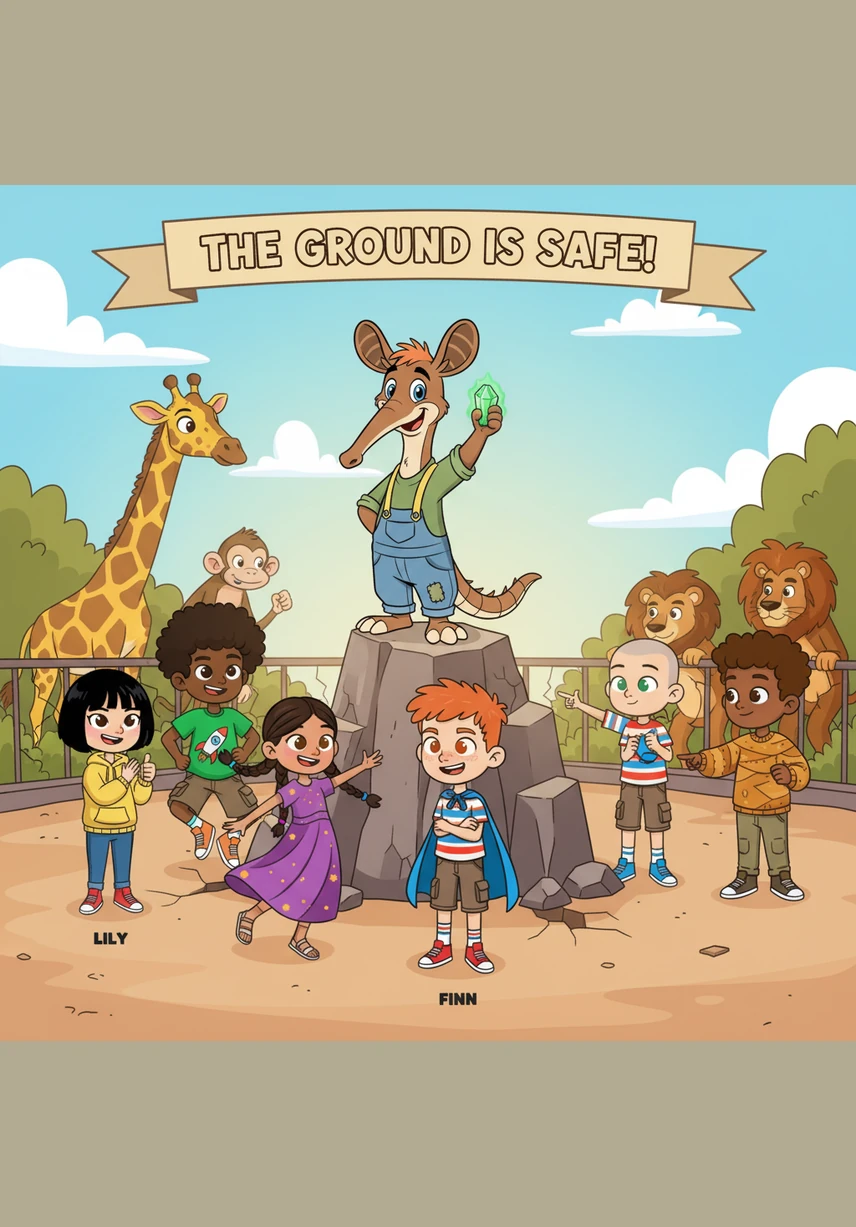 The ground finally settles and the danger passes, leaving the zoo safe and stable once more thanks to Spike’s hard work. The children crowd around his exhibit, cheering and clapping for the brave aardvark who used his special talents to save the day.