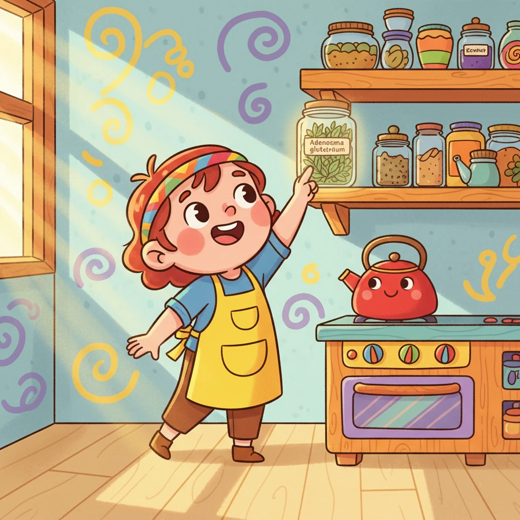 Pip, a small, cheerful character with rosy cheeks and a bright apron, stands in a sun-drenched, whimsical kitchen. They are reaching up to a colorful shelf where a jar of dried, leafy green Adenosma glutinosum herbs sits, glowing softly as if touched by magic. Playful swirls decorate the kitchen walls, and a friendly-looking kettle rests on a stove.