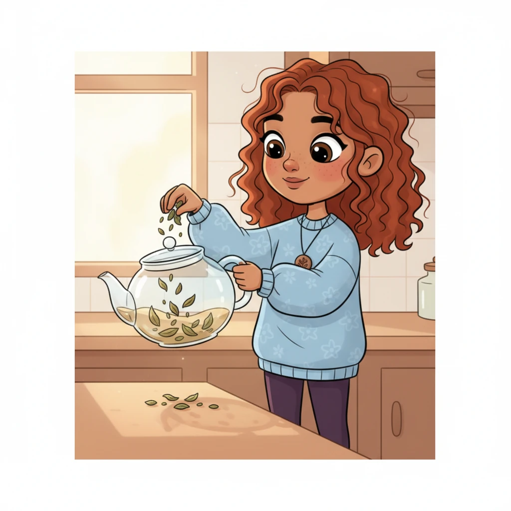 Pip carefully holds the clear glass teapot, its round belly sparkling. With a gentle hand, they sprinkle a small handful of the delicate, dried Adenosma glutinosum leaves into the pot. The herbs tumble gracefully, like tiny green dancers preparing for a show, landing softly at the bottom of the teapot.