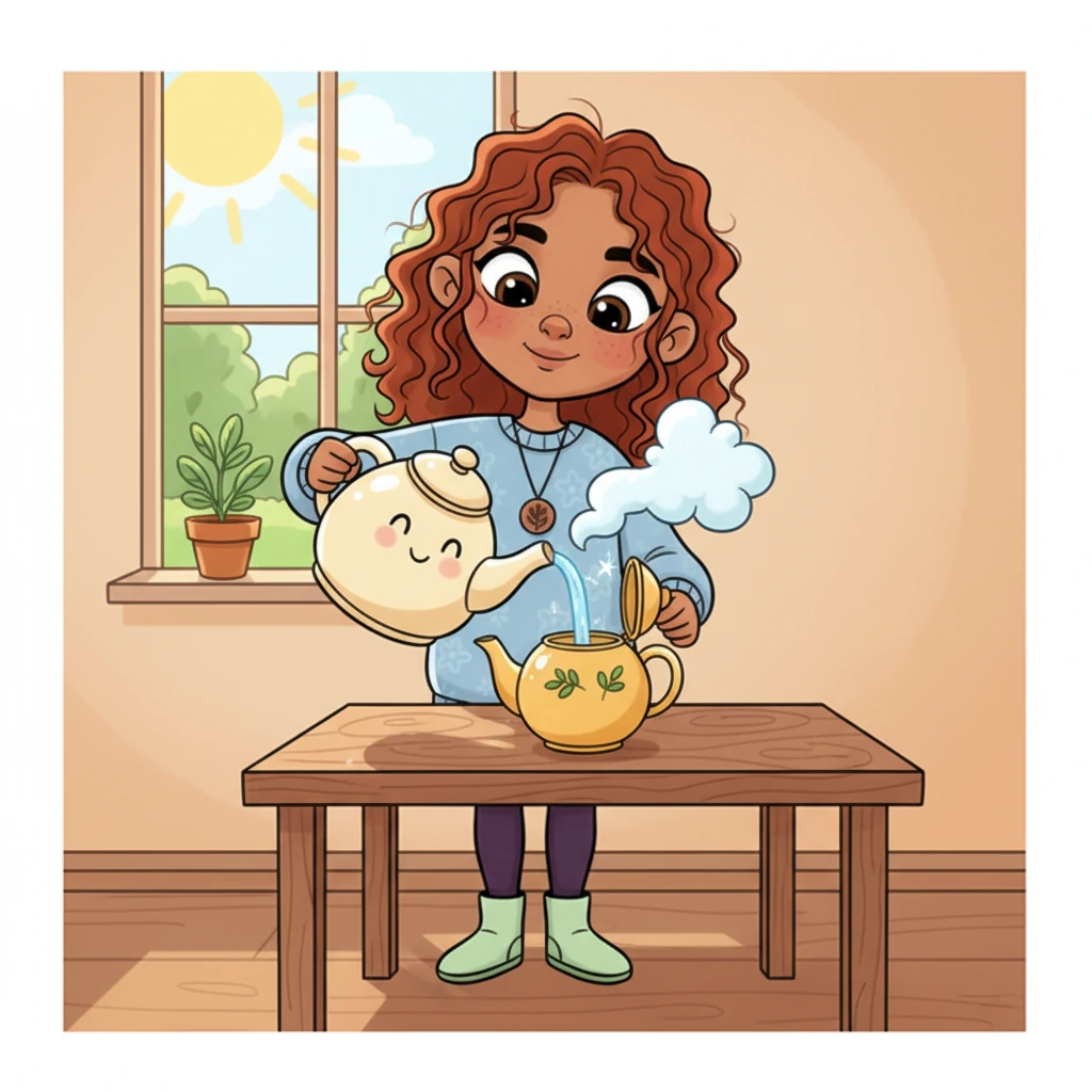 A plump, cheerful kettle, steam gently puffing from its spout, is held by Pip over the teapot. With a focused, happy expression, Pip begins to pour the hot, clear water. The water flows in a smooth, shimmering arc, ready to awaken the sleeping herbs.