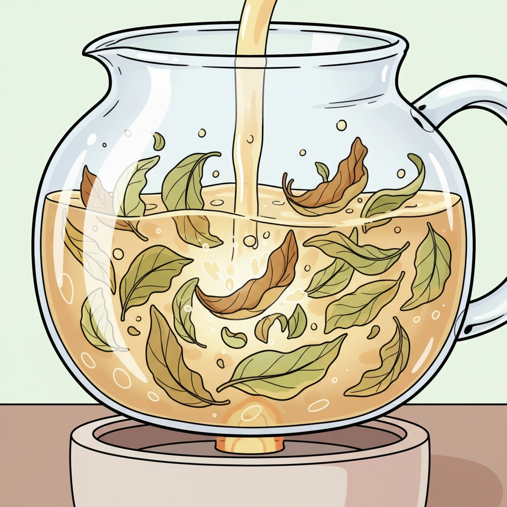 A close-up view of the teapot as the hot water enters. The dried Adenosma glutinosum herbs begin to unfurl and dance, swirling elegantly in the clear liquid. Each leaf seems to come alive, twirling and bobbing with delightful grace, creating a mesmerizing ballet beneath the surface.