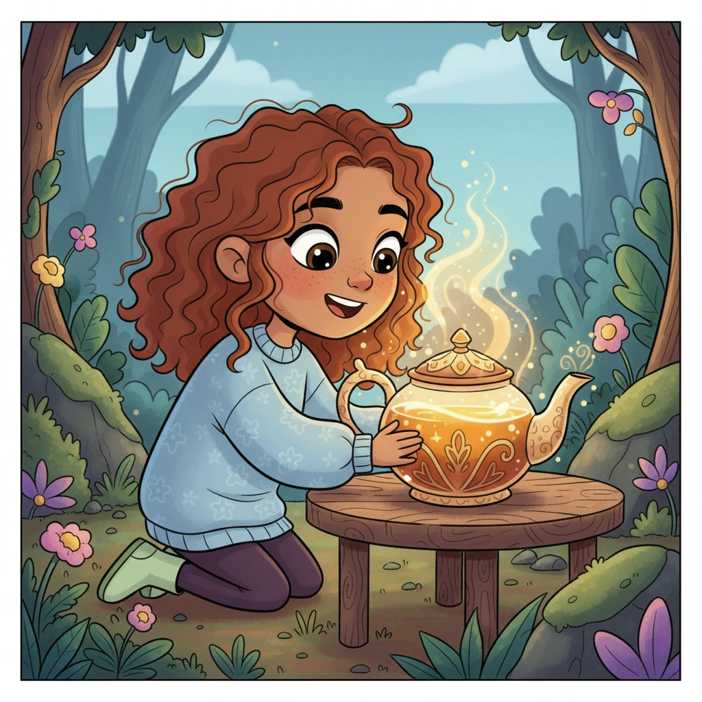 In a magical transformation, the clear water rapidly changes color. It deepens into a rich, glowing golden amber, radiating warmth and light from within the teapot. The liquid shimmers with an almost magical energy, a vibrant hue promising comfort and cheer.