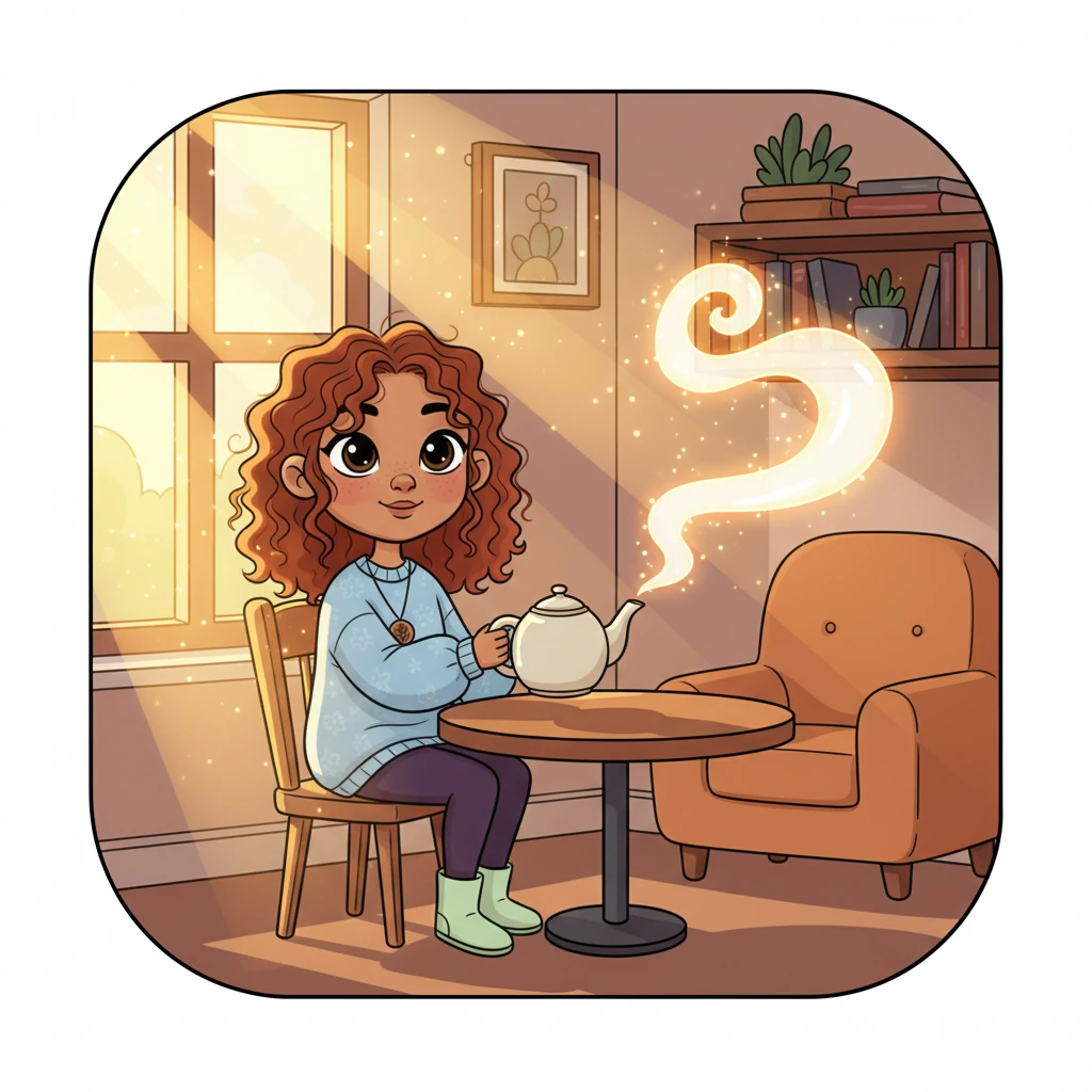 A graceful plume of steam rises from the teapot, spiraling upwards in a cinematic, elegant curl. Bathed in the warm, golden hour sunlight streaming through a nearby window, the steam glows with an ethereal light, creating a truly enchanting and cozy atmosphere. Tiny sparkling dust motes dance in the light.