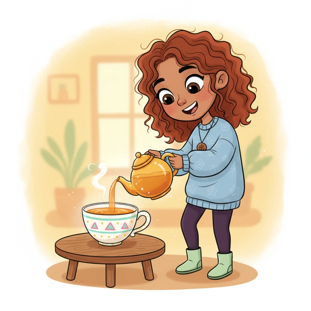 Pip, with a wide, joyful smile, carefully pours the beautiful golden amber tea from the teapot into a charming, oversized teacup decorated with cheerful patterns. The rich liquid flows smoothly, filling the cup with its warm glow. A little wisp of steam dances playfully above the cup.