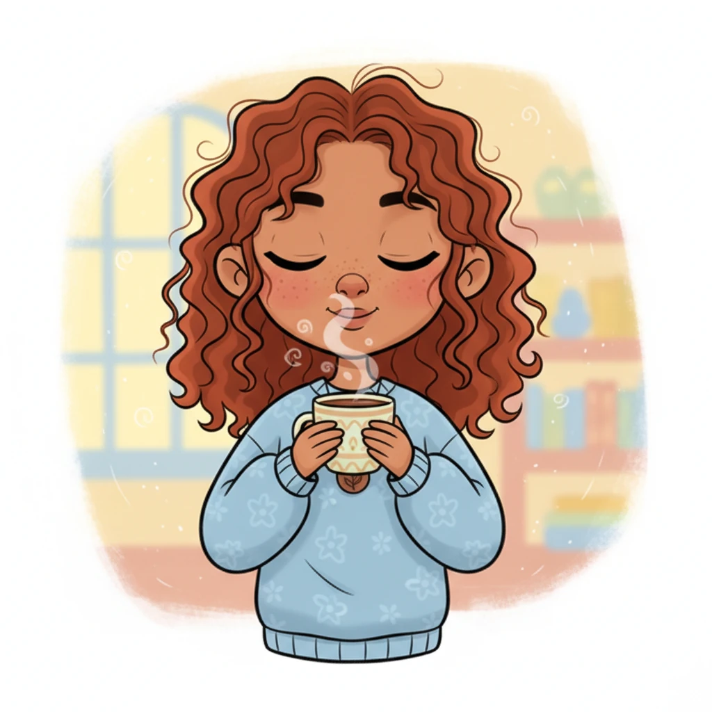 Pip brings the warm cup to their lips, taking a gentle, appreciative sip. Their eyes close slightly in pure bliss, and a soft, contented sigh escapes them. The expressive face shows immediate warmth and a feeling of cozy comfort spreading through their whole being.