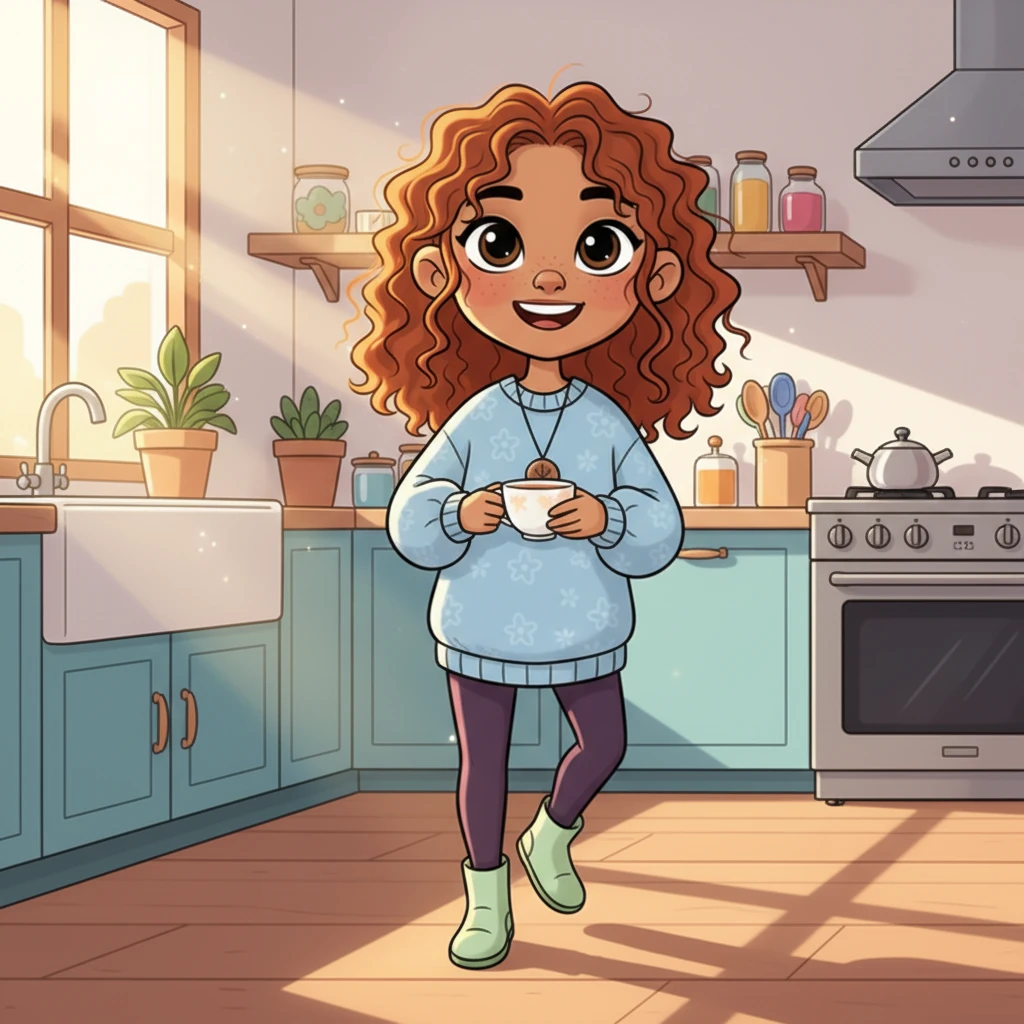 Pip stands tall, beaming with a bright, confident smile, holding the empty teacup. They feel completely re-energized and wonderfully light, ready to leap into a day full of fun and adventure. The sun shines brightly, and the cozy kitchen feels even more welcoming, promising a day of playful joy.
