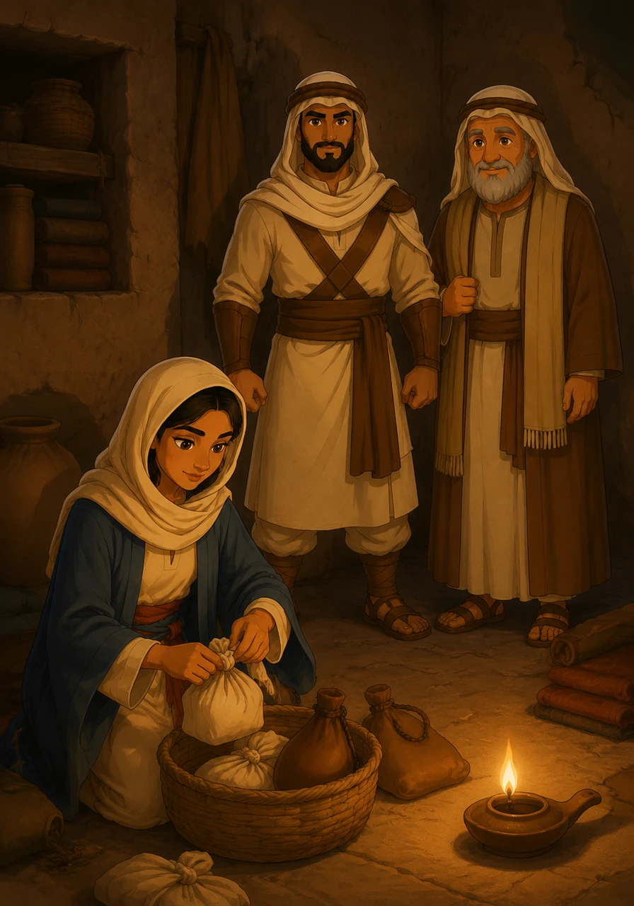 جاءت الليلة الكبرى حين استعد النبي ﷺ وصاحبه أبو بكر للهجرة سرًا نحو المدينة. كانت أسماء تعمل بجد في زاوية الغرفة لتجهيز الزاد والماء للمسافرين، وهي تشعر بمسؤولية عظيمة تجاه هذه المهمة التي ستغير وجه التاريخ.