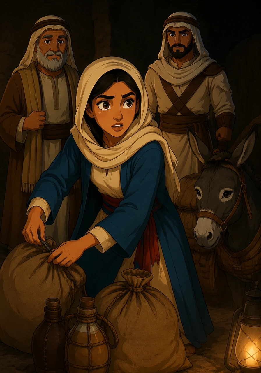بينما كانت أسماء تضع الطعام والماء في الأكياس، اكتشفت فجأة عدم وجود حبل لربطها بإحكام فوق الدابة. نظرت حولها بسرعة والقلق يبدو على وجهها، فالوقت يداهمهم والمهمة السرية لا تحتمل أي تأخير أو خطأ.