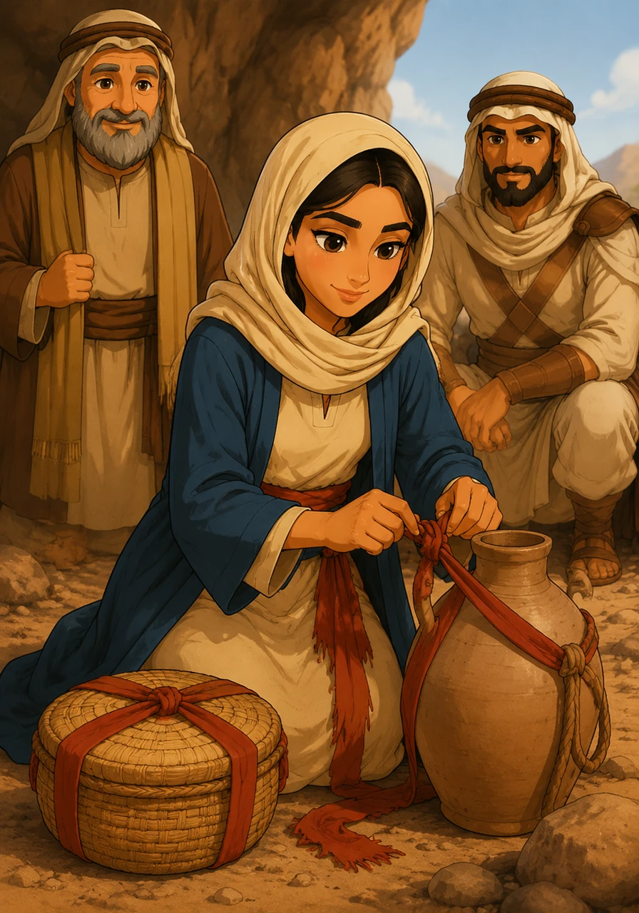 بذكاء وسرعة بديهة، نزعت أسماء نطاقها الذي تشد به خصرها وشقته طوليا إلى نصفين. ربطت بنصفه الأول وعاء الطعام، وبالنصف الآخر وعاء الماء، وهي تبتسم لأنها وجدت الحل المناسب في أصعب اللحظات بفضل تفكيرها المبدع.