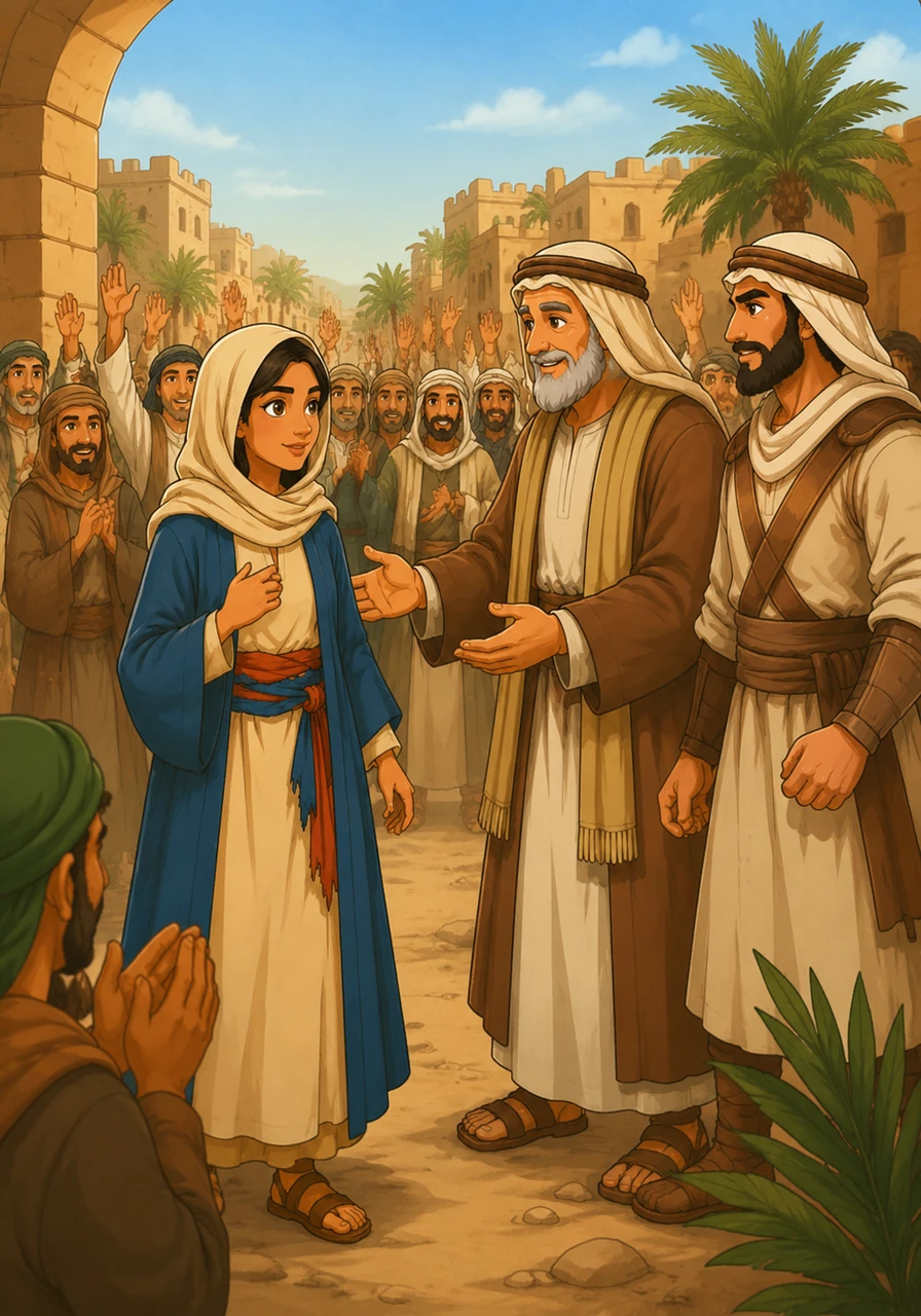 نجحت الهجرة ووصل النبي ﷺ وأبو بكر إلى المدينة المنورة بسلام وسط فرحة الأنصار. لحقت أسماء بهم بعد رحلة شاقة عبر الصحراء، وهي تحمل في قلبها إيمانًا لا يتزعزع وفخرًا بالمشاركة في نجاح هذا الحدث العظيم.