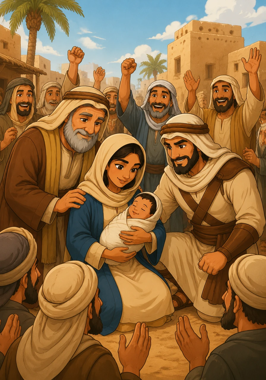في المدينة المنورة، وضعت أسماء مولودها الأول عبد الله بن الزبير، فكان أول مولود للمهاجرين في الأرض الجديدة. تعالت صيحات التكبير في أزقة المدينة فرحًا بقدومه، وحمله المسلمون كرمز للأمل والمستقبل المشرق.