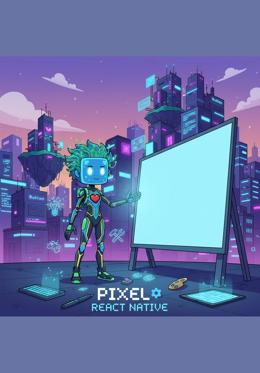 Pixel stands before a glowing, empty digital canvas in the heart of React Native City, ready to build something remarkable. The air hums with the soft glow of lines of code floating like stardust around the workspace.