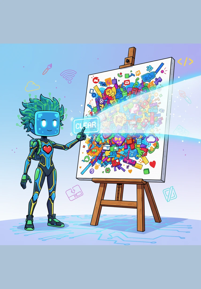 Sometimes a fresh start is the only way forward, so Pixel constructs a Clear button that looks like a sparkling drop of water. When pressed, it sends a gentle wave across the canvas, washing away all the ink in an instant to reveal a blank slate.